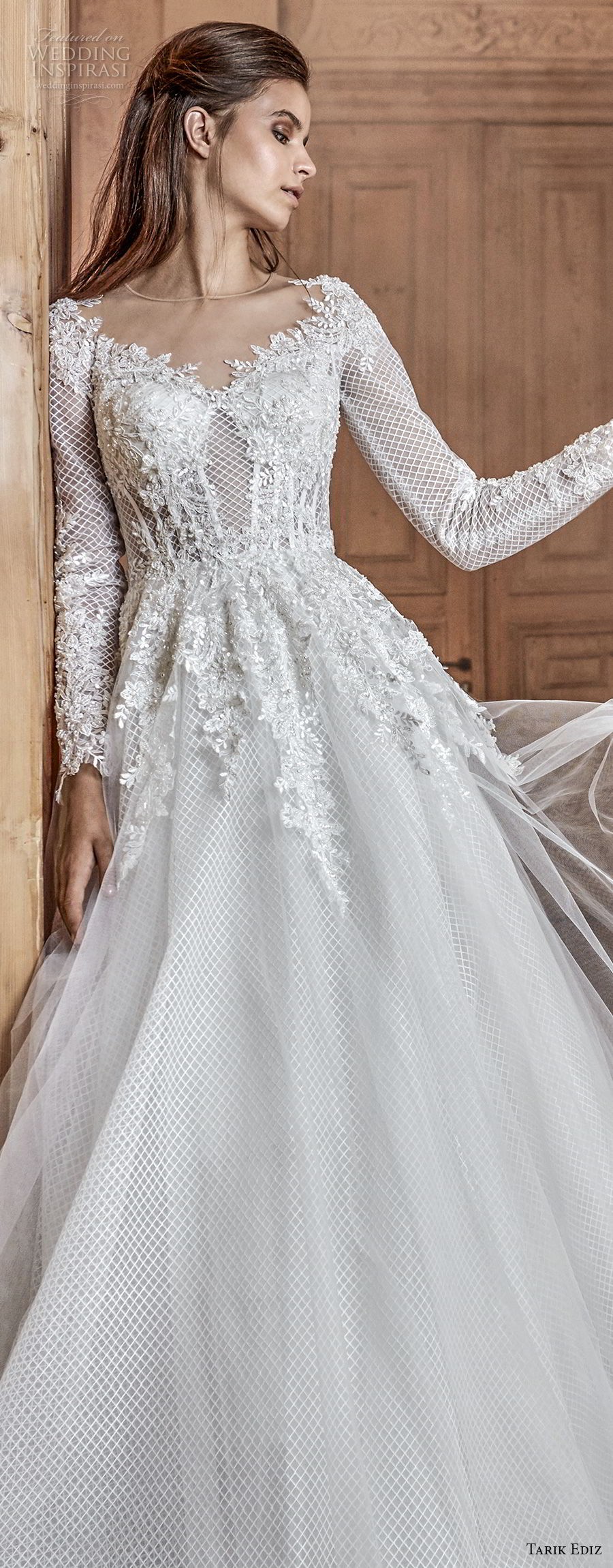 tarik ediz 2017 bridal long sleeves illusion jewel neck heavily embellished bodice romantic a  line wedding dress (4) zv