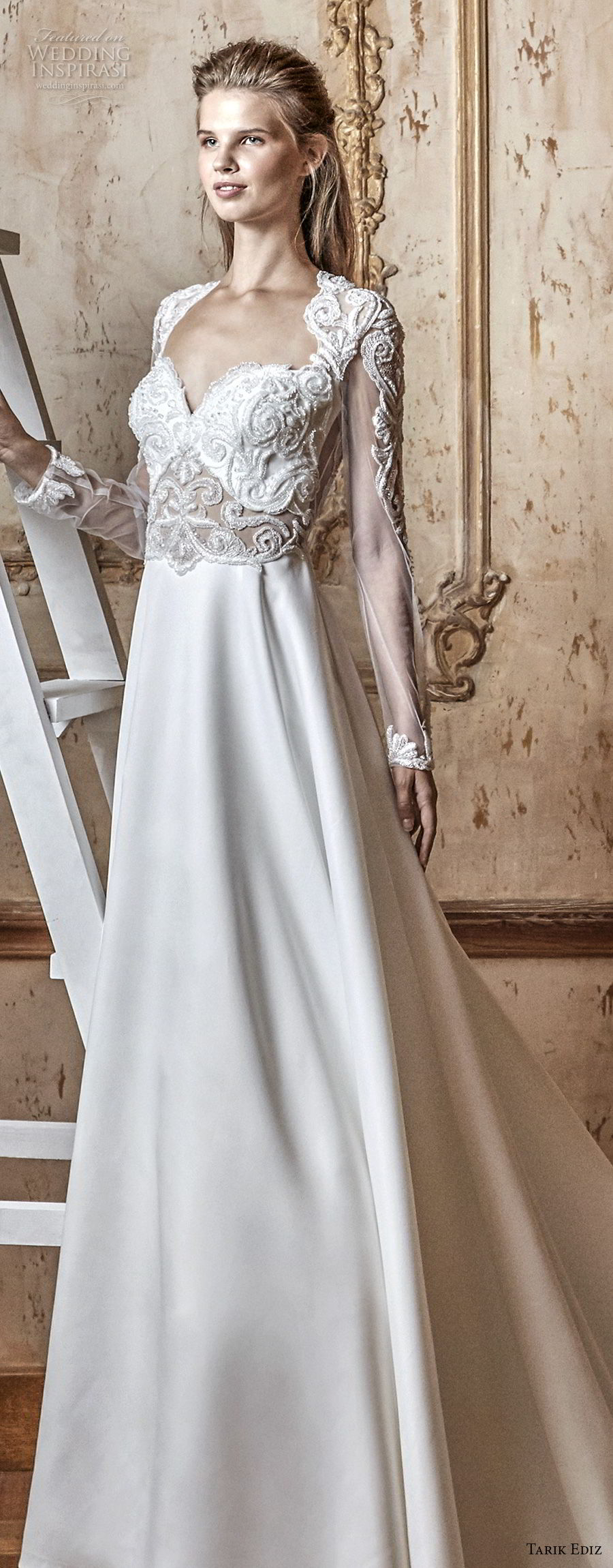 tarik ediz 2017 bridal long sleeves sweetheart neckline heavily embellished bodice modified a  line wedding dress keyhole back royal train (8) lv