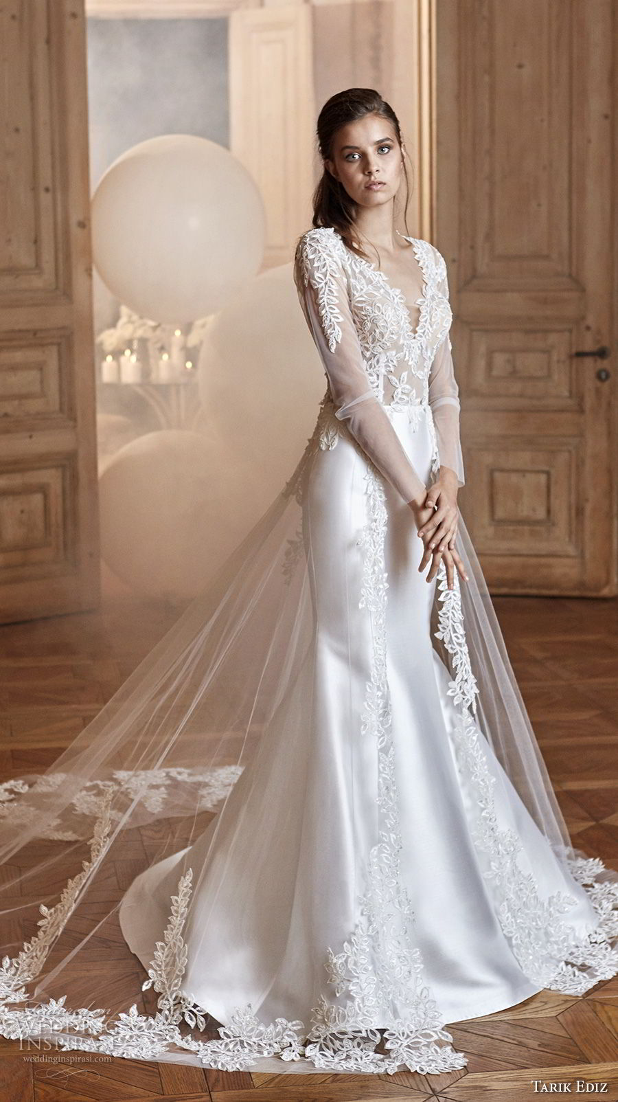 tarik ediz 2017 bridal long sleeves sweetheart neckline heavily embellished bodice satin skirt elegant trumpet wedding dress (27) mv