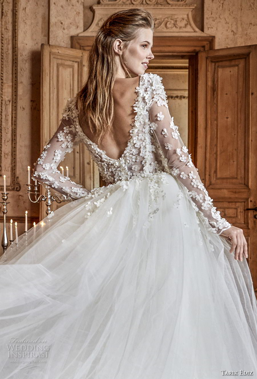 tarik ediz 2017 bridal long sleeves v neck heavily embellished bodice romantic princess ball gown a  line wedding dress open v back chapel train (12) bv