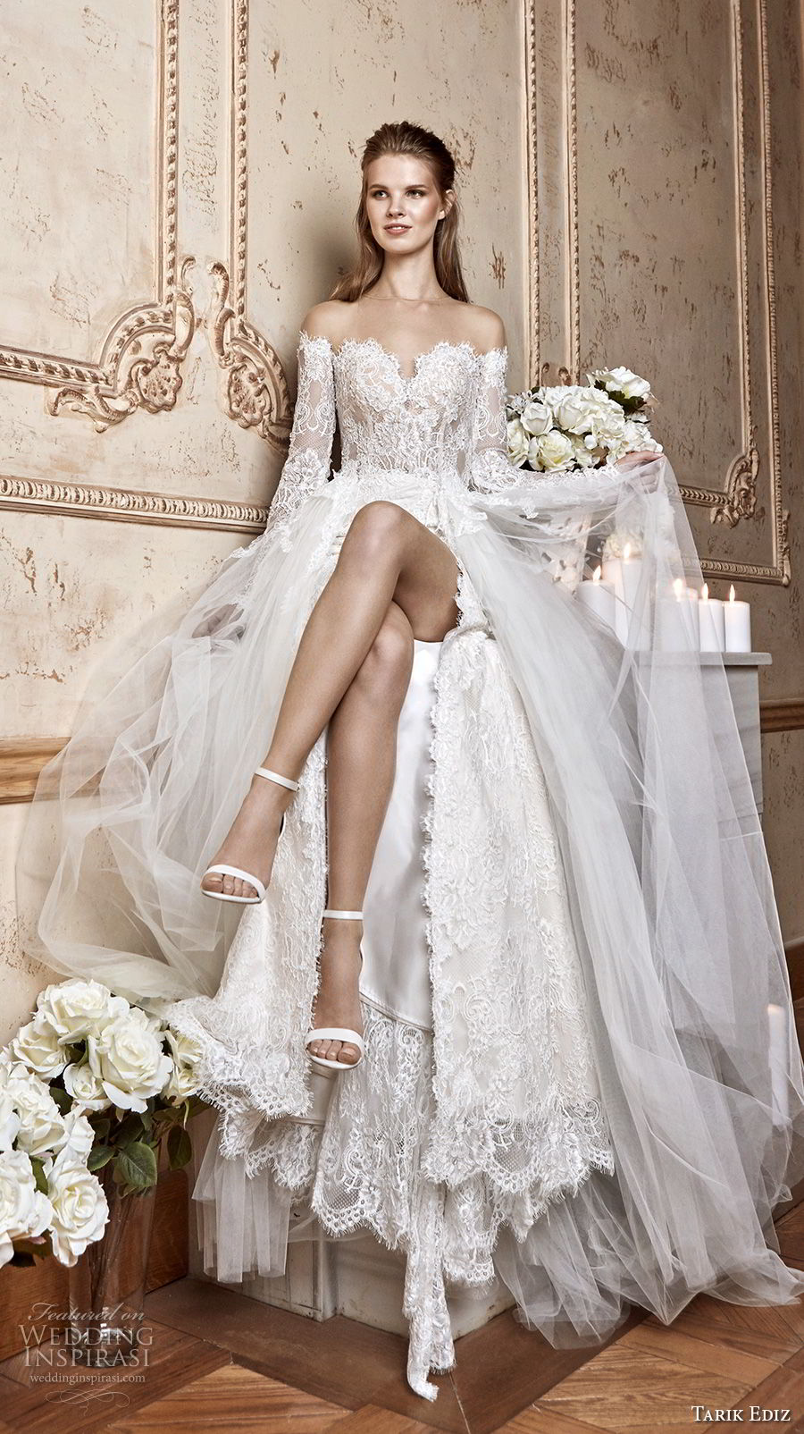 tarik ediz 2017 bridal off the shoulder sweetheart neckline heavily embellished bodice high slit skirt romantic sexy a  line wedding dress (19) mv