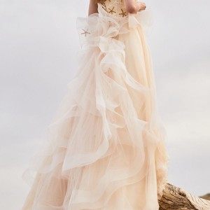 tiglily 2018 bridal strapless heavily embellished bodice romantic creme color a  line wedding dress chapel train (capella) mv