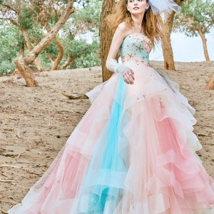 tiglily 2018 bridal strapless sweetheart neckline heavily embellished bodice layered tulle skirt pastel pink multicolor ball gown a  line wedding dress  (shaula) mv