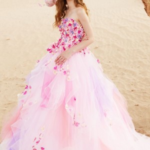 tiglily 2018 bridal strapless sweetheart neckline heavily embellished floral bodice romantic princess pink color ball gown a  line wedding dress chapel train (dorothy) mv