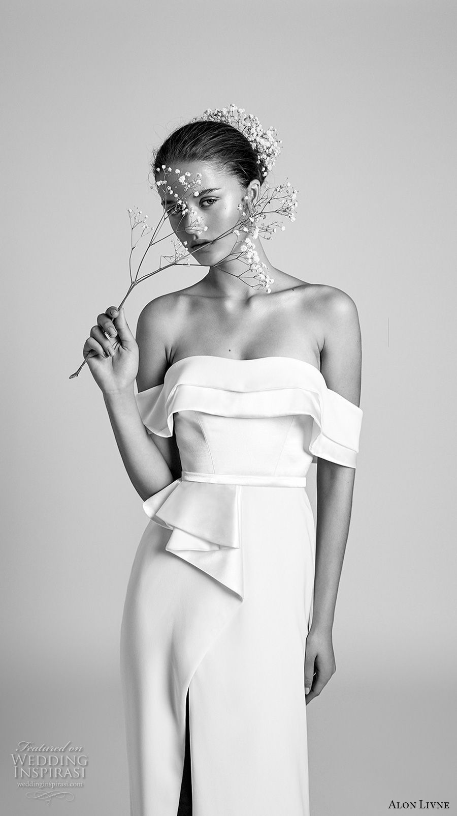 alon livne 2018 bridal off the shoulder straight across neckline simple clean sophiscated chic sheath wedding dress (2) mv alon livne 2018 bridal off the shoulder straight across neckline simple clean sophiscated chic sheath wedding dress (2) mv