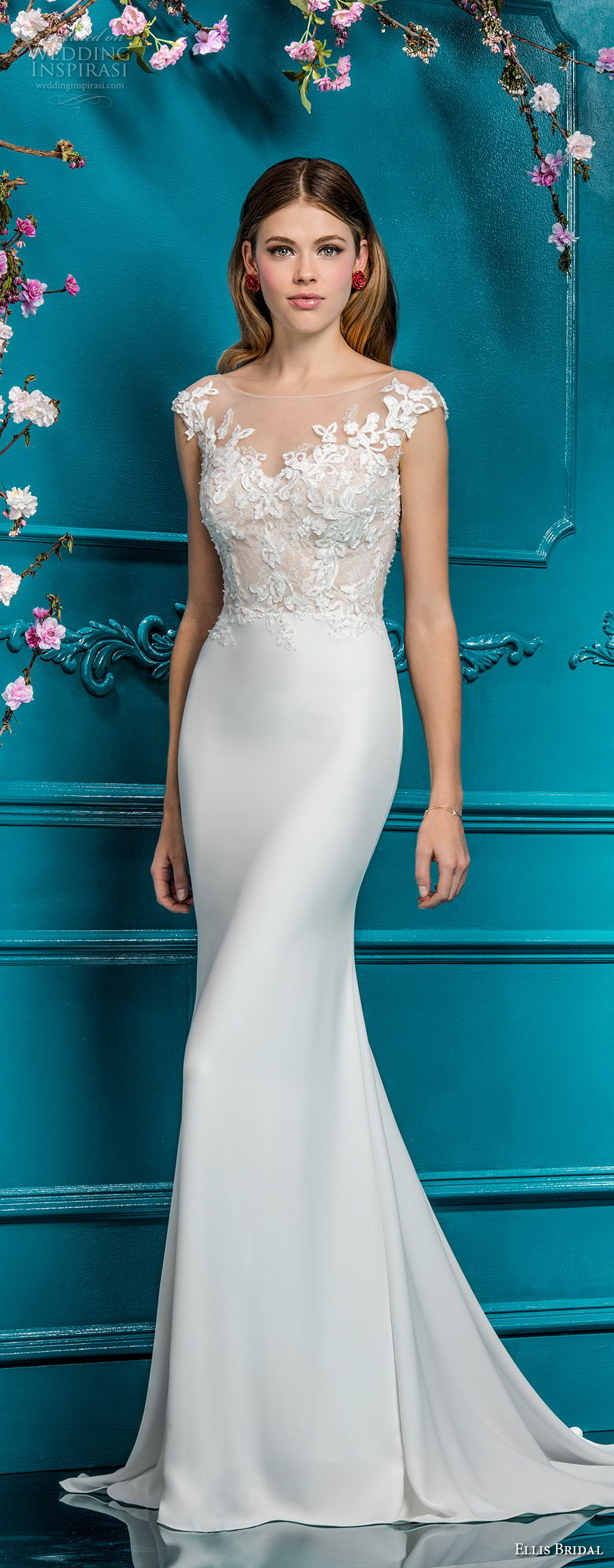 ellis bridals 2018 cap sleeves illusion bateau sweetheart neckline heavily embellished bodice elegant fit and flare wedding dress sheer button back chapel train (9) mv