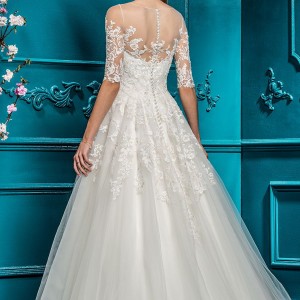 ellis bridal 2018 half sleeves illusion bateau neck sweetheart neckline heavily embellished romantic a  line wedding dress sheer button back chapel train (18) bv