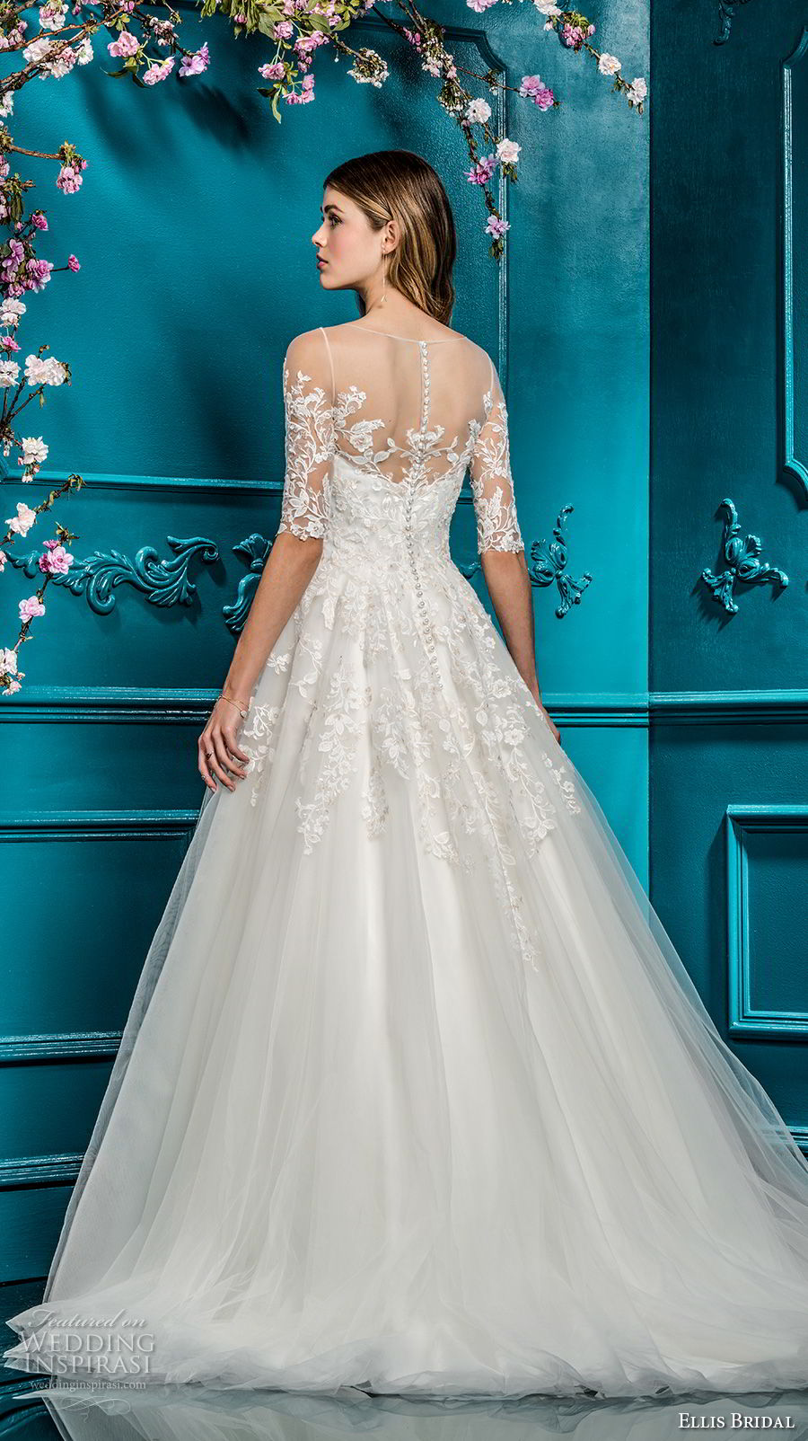 ellis bridals 2018 half sleeves illusion bateau neck sweetheart neckline heavily embellished romantic a  line wedding dress sheer button back chapel train (18) bv