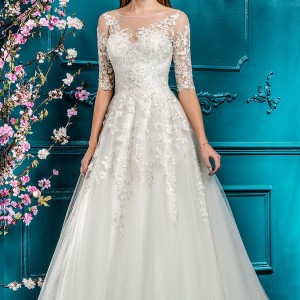 ellis bridal 2018 half sleeves illusion bateau neck sweetheart neckline heavily embellished romantic a  line wedding dress sheer button back chapel train (18) mv