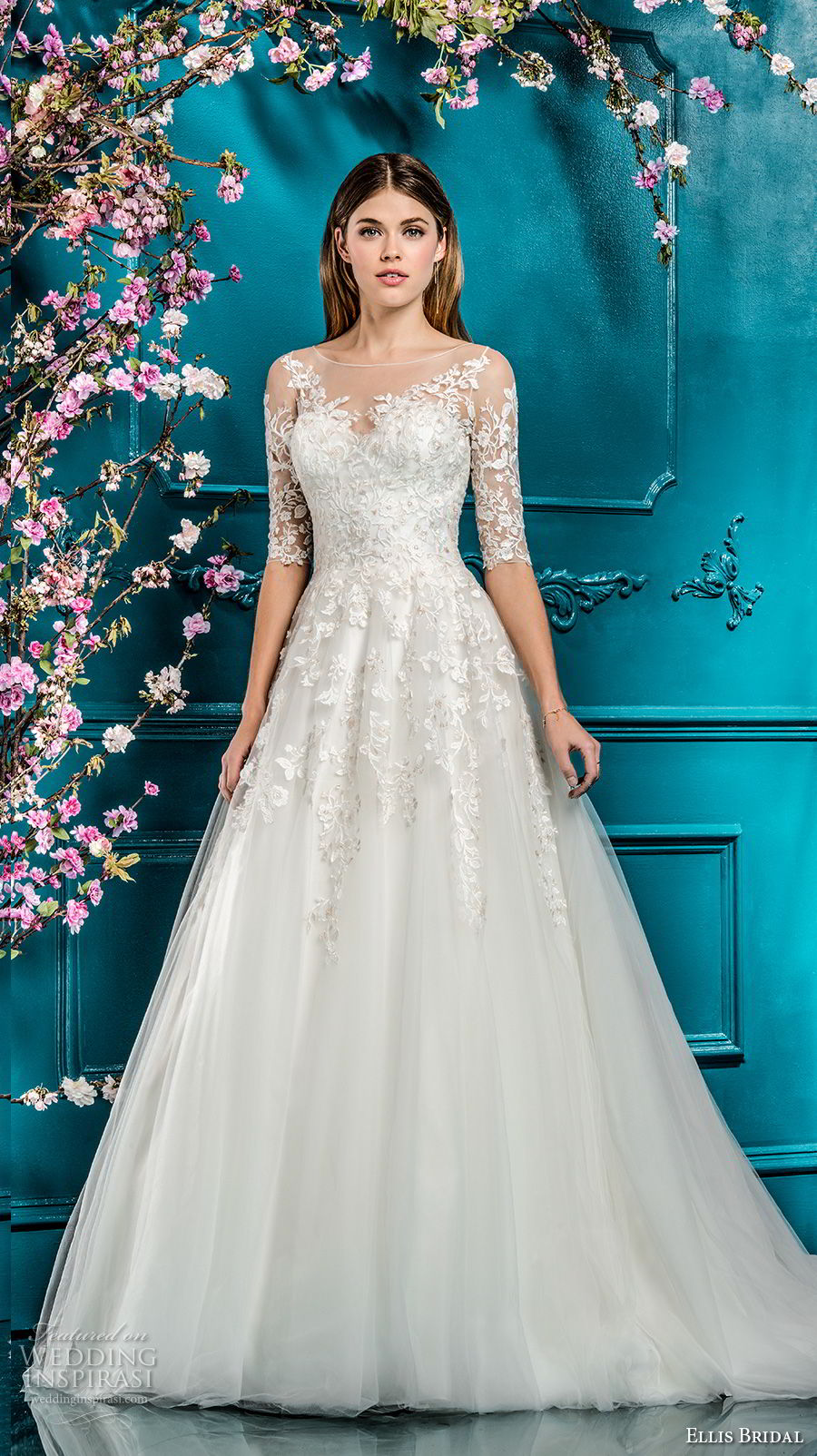 ellis bridals 2018 half sleeves illusion bateau neck sweetheart neckline heavily embellished romantic a  line wedding dress sheer button back chapel train (18) mv