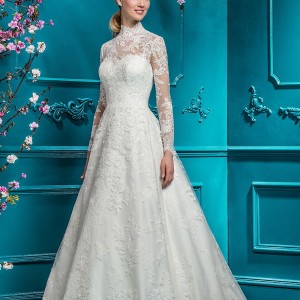 ellis bridal 2018 long sleeves illusion high neck sweetheart neckline full embellishment elegant princess a  line wedding dress covered lace back chapel train (2) mv