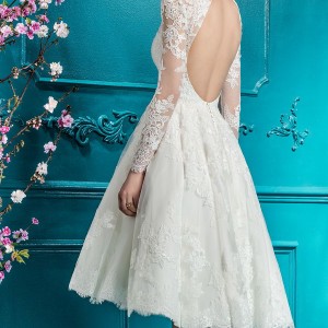 ellis bridal 2018 long sleeves illusion high neck sweetheart neckline full embellishment romantic pretty knee length short wedding dress keyhole back (4) bv