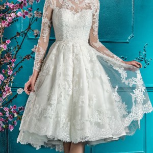 ellis bridal 2018 long sleeves illusion high neck sweetheart neckline full embellishment romantic pretty knee length short wedding dress keyhole back (4) mv