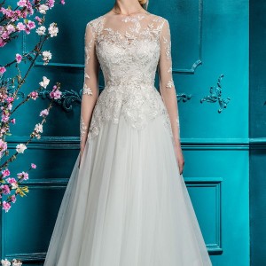 ellis bridal 2018 long sleeves illusion jswel sweetheart neckline heavily embellished bodice tulle skirt romantic a  line wedding dress covered lace back chapel train (13) mv