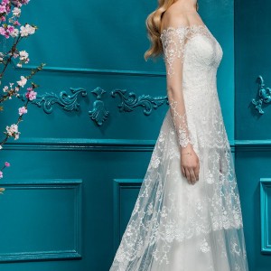 ellis bridal 2018 long sleeves off the shoulder sweetheart neckline full embellishment elegant romantic a  line wedding dress lace back chapel train (7) mv