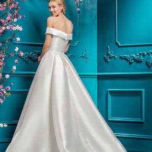ellis bridal 2018 off the shoulder straight across simple clean bodice satin skirt elegant romantic a  line wedding dress pockets chapel train (12) bv