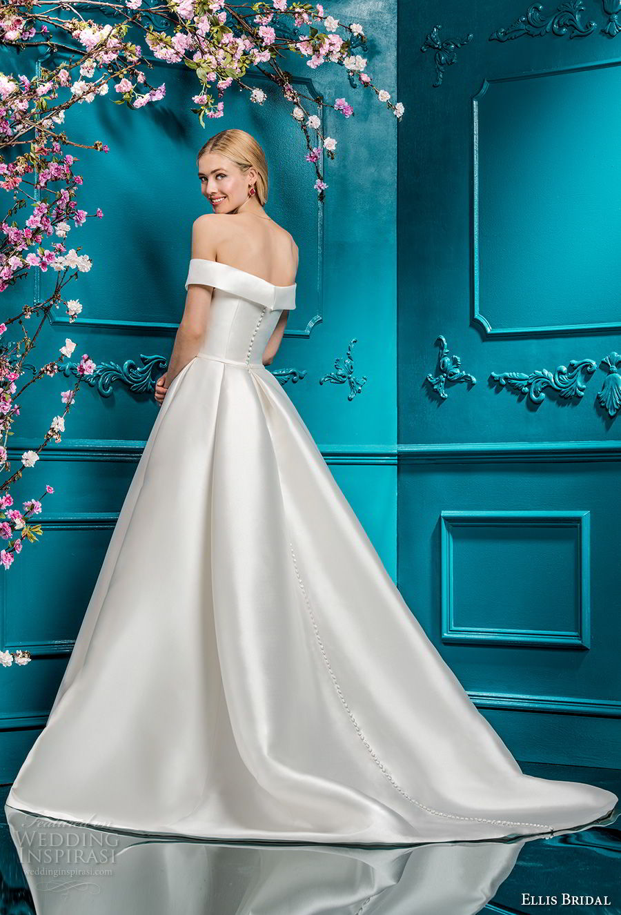 ellis bridals 2018 off the shoulder straight across simple clean bodice satin skirt elegant romantic a  line wedding dress pockets chapel train (12) bv