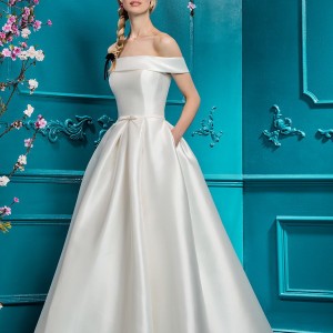 ellis bridal 2018 off the shoulder straight across simple clean bodice satin skirt elegant romantic a  line wedding dress pockets chapel train (12) mv