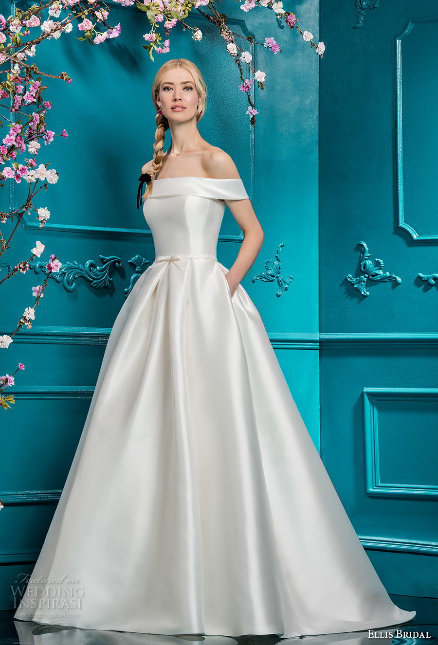 ellis bridals 2018 off the shoulder straight across simple clean bodice satin skirt elegant romantic a  line wedding dress pockets chapel train (12) mv