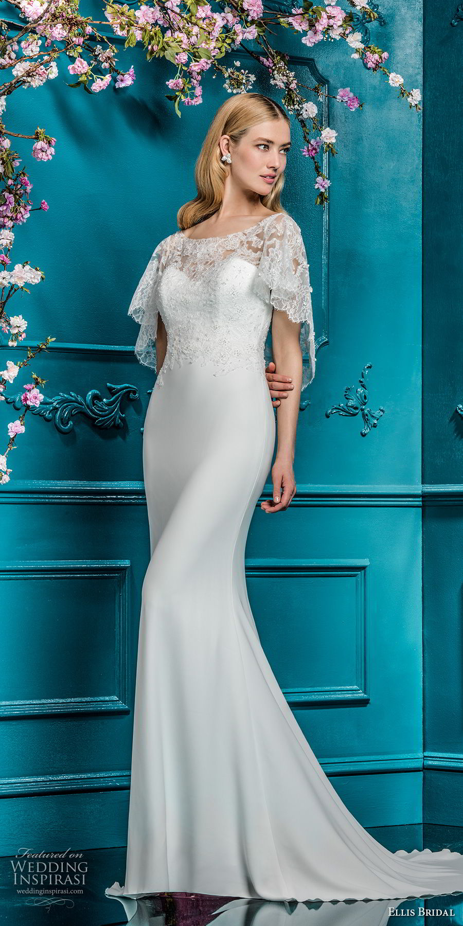 ellis bridals 2018 short flutter sleeves illusion boat sweetheart neckline heavily embellished bodice elegant sheath wedding dress open v back sweep train (14) mv