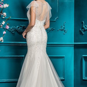 ellis bridal 2018 short flutter sleeves illusion jewel sweetheart neckline heavily embellished bodice drop waist romantic a  line wedding dress sheer back chapel train (20) bv