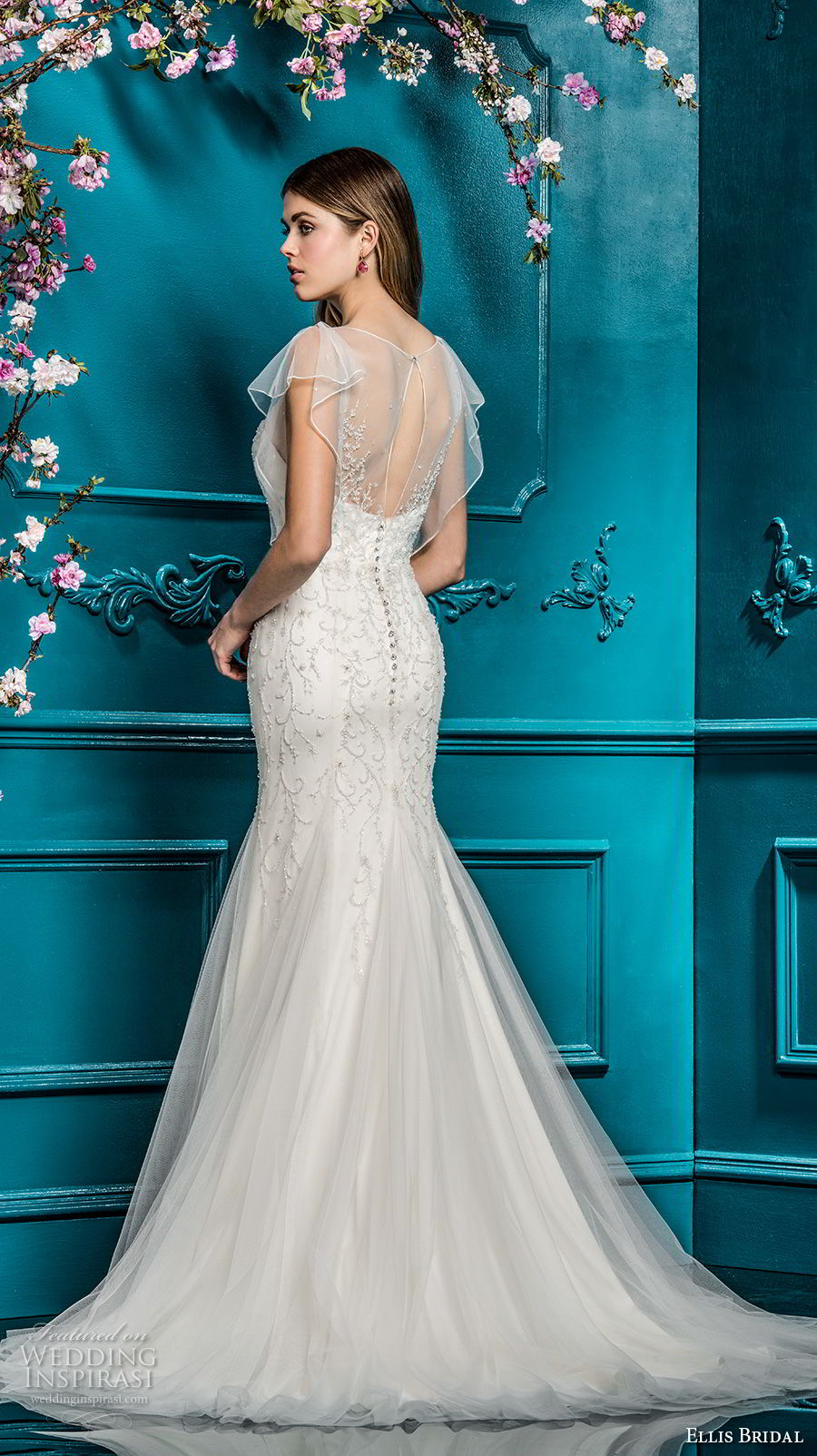 ellis bridals 2018 short flutter sleeves illusion jewel sweetheart neckline heavily embellished bodice drop waist romantic a  line wedding dress sheer back chapel train (20) bv