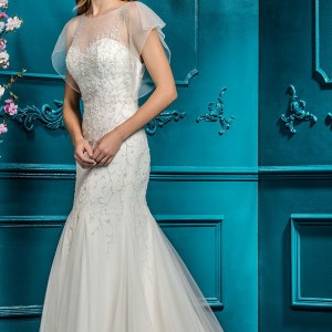 ellis bridal 2018 short flutter sleeves illusion jewel sweetheart neckline heavily embellished bodice drop waist romantic a  line wedding dress sheer back chapel train (20) mv