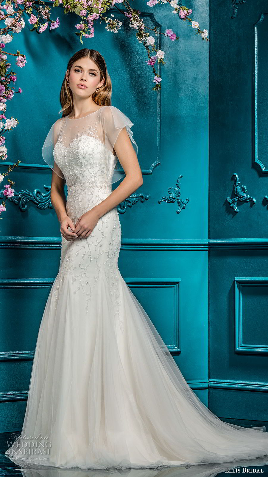 ellis bridals 2018 short flutter sleeves illusion jewel sweetheart neckline heavily embellished bodice drop waist romantic a  line wedding dress sheer back chapel train (20) mv