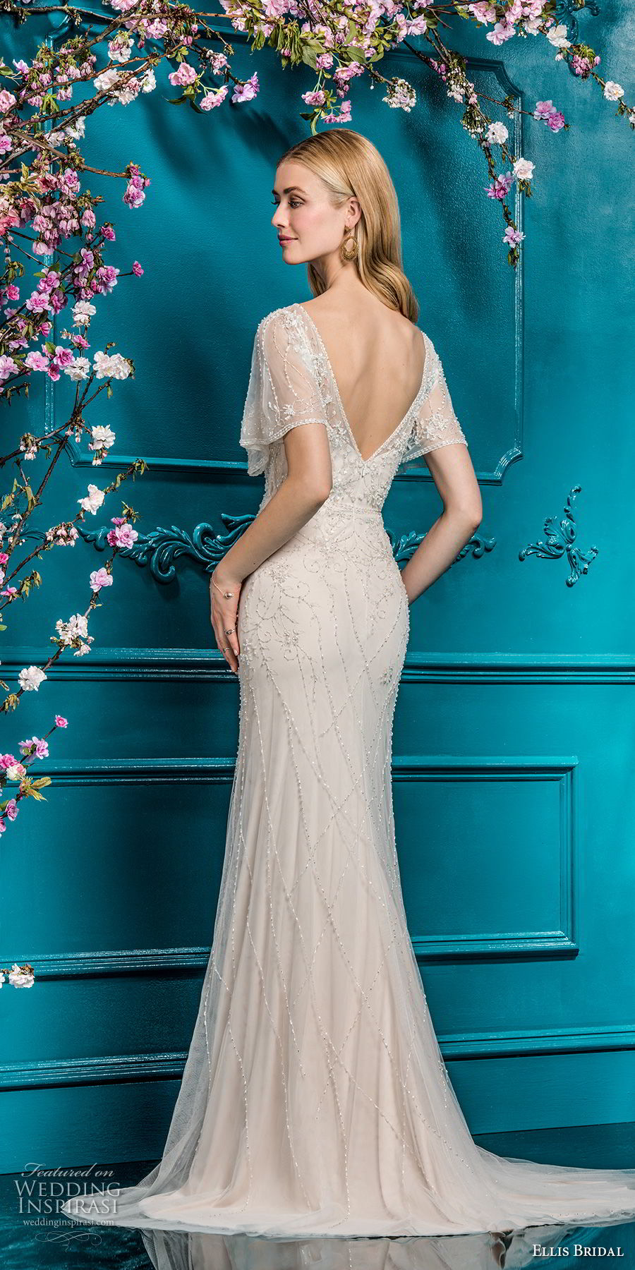 ellis bridals 2018 short sleeves illusion bateau scoop neck full beaded embellishment elegant vintage art deco sheath modified a  line wedding dress open v back sweep train (10) bv