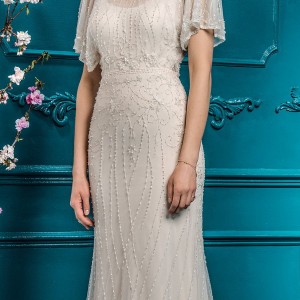 ellis bridal 2018 short sleeves illusion bateau scoop neck full beaded embellishment elegant vintage art deco sheath modified a  line wedding dress open v back sweep train (10) mv