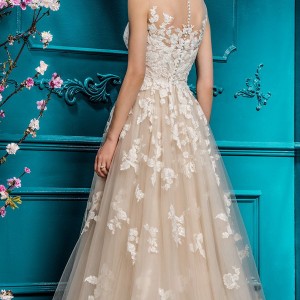 ellis bridal 2018 sleeveless illusion bateau sweetheart neckline heavily embellished bodice romantic blush color a  line wedding dress sheer button back chapel train (6) bv