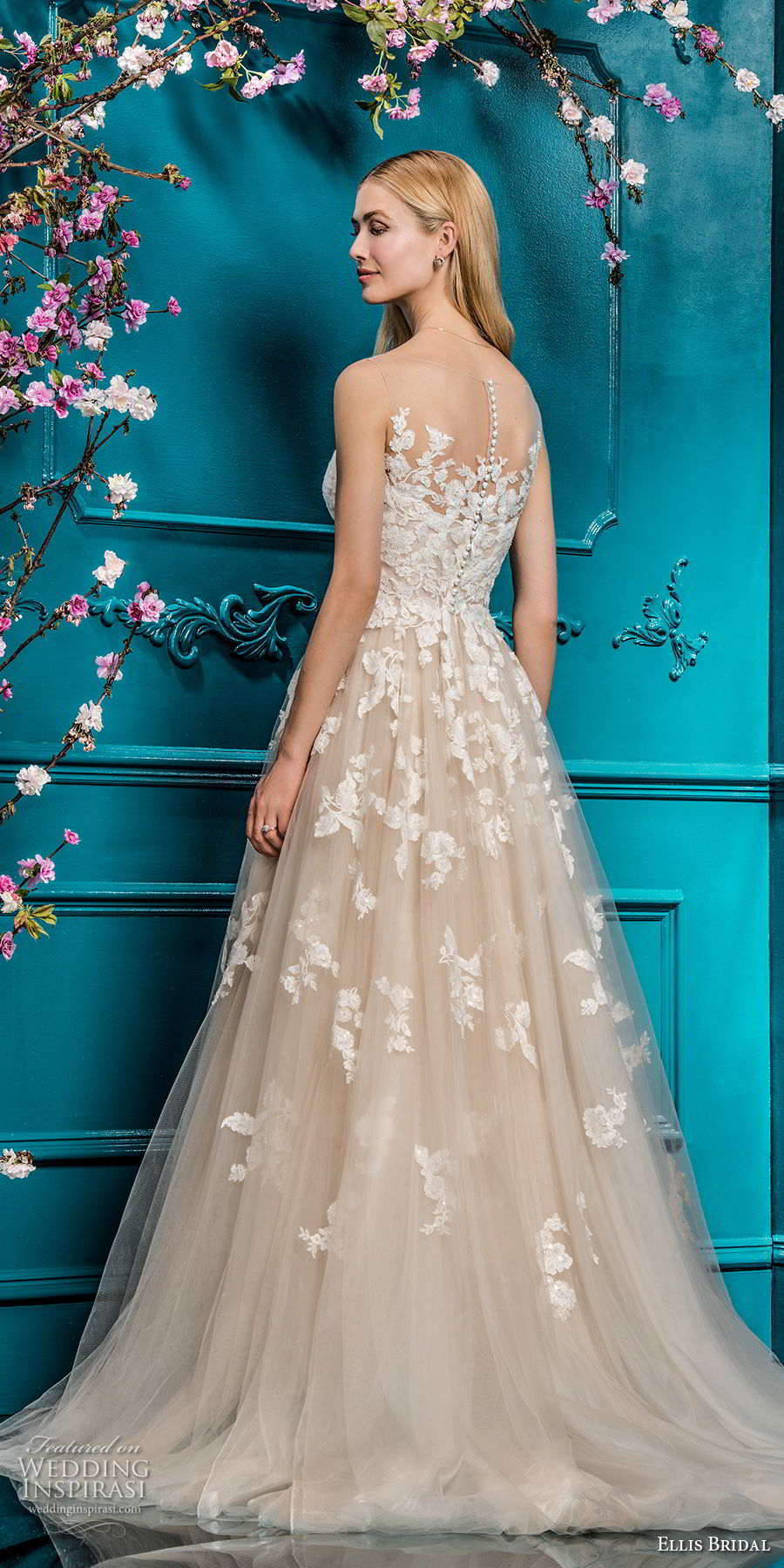 ellis bridals 2018 sleeveless illusion bateau sweetheart neckline heavily embellished bodice romantic blush color a  line wedding dress sheer button back chapel train (6) bv