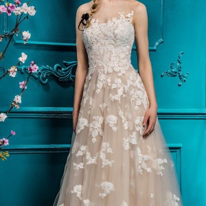 ellis bridal 2018 sleeveless illusion bateau sweetheart neckline heavily embellished bodice romantic blush color a  line wedding dress sheer button back chapel train (6) mv