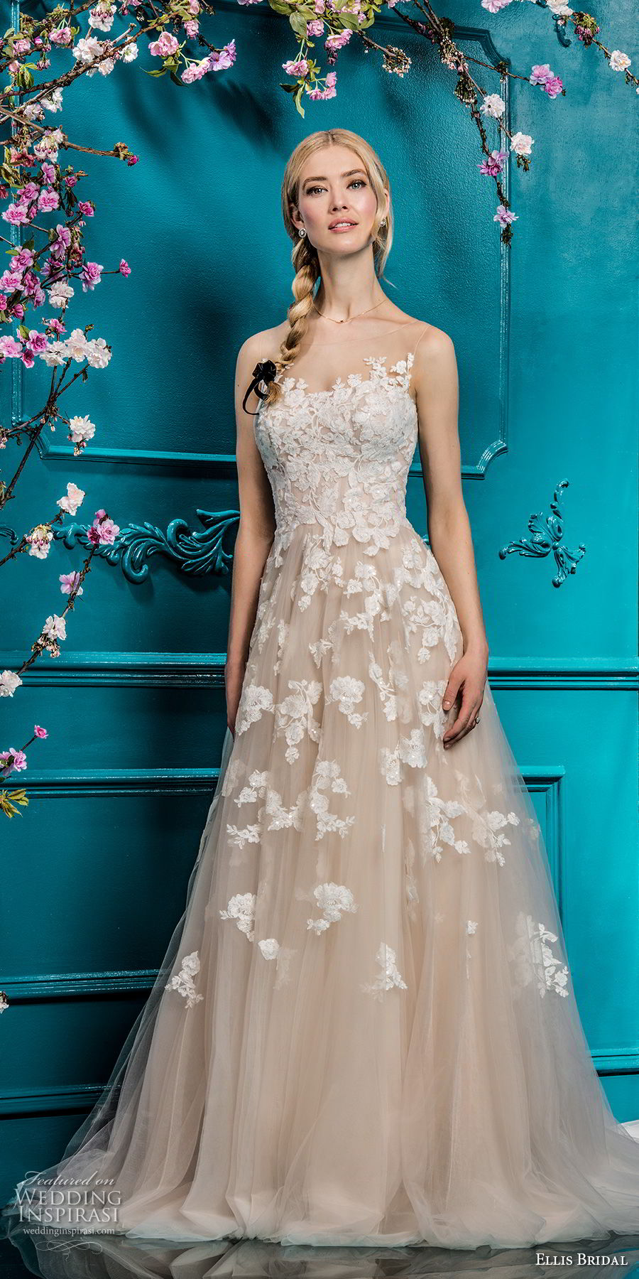 ellis bridals 2018 sleeveless illusion bateau sweetheart neckline heavily embellished bodice romantic blush color a  line wedding dress sheer button back chapel train (6) mv