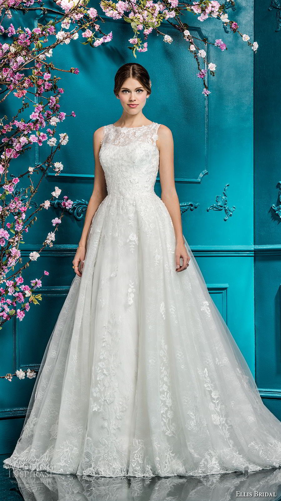 ellis bridals 2018 sleeveless illusion jewel sweetheart neckline full embellishment romantic a  line wedding dress covered lace back chapel train (16) mv