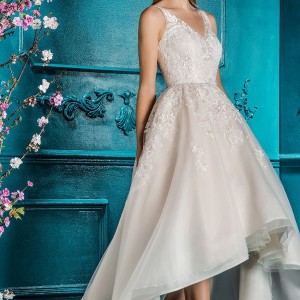 ellis bridal 2018 sleeveless v neck heavily embellished bodice romantic high low a  line wedding dress open v back sweep train (5) mv