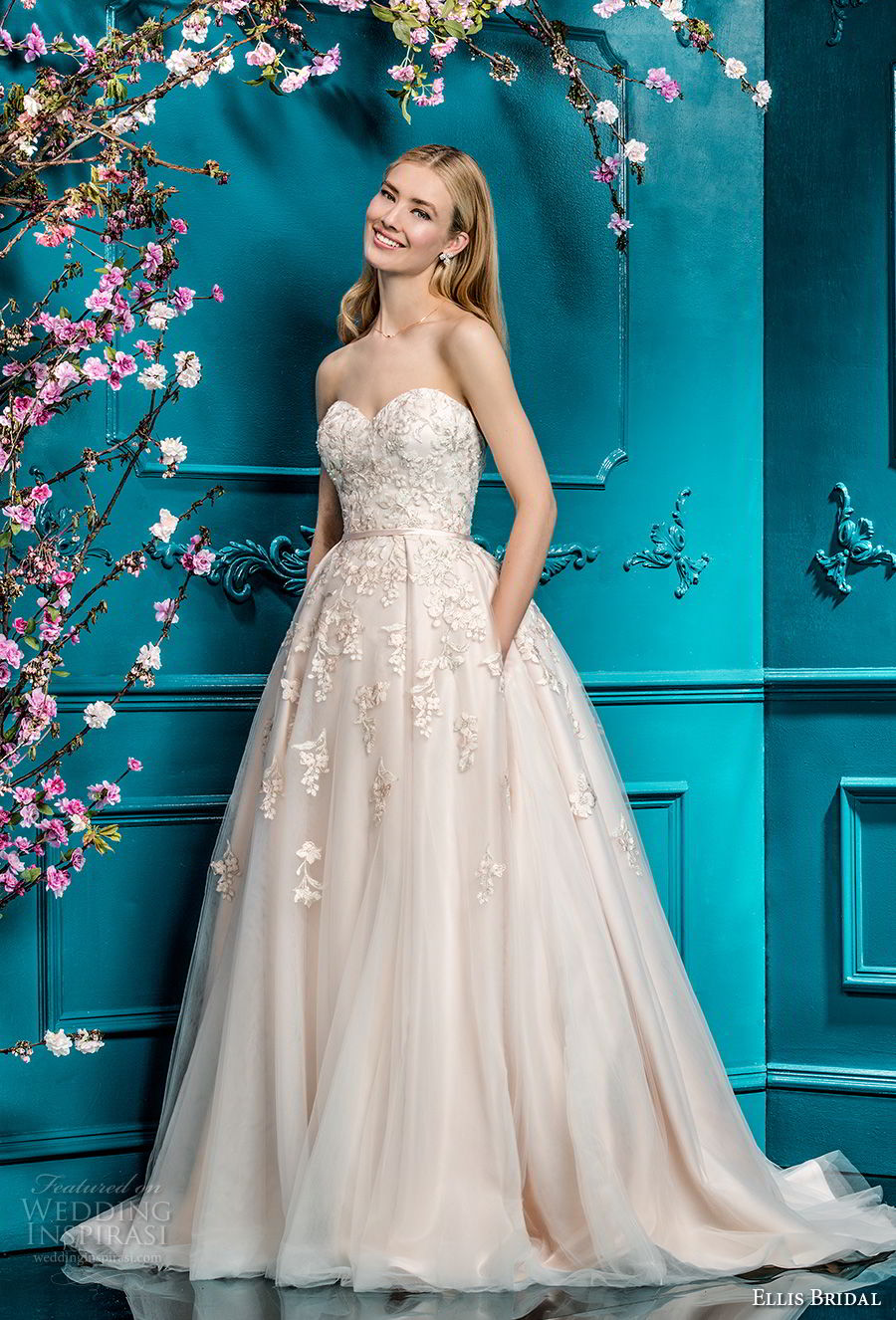 ellis bridals 2018 strapless sweetheart neckline heavily embellished bodice romantic a  line wedding dress with pockets chapel train (1) mv