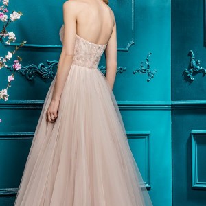 ellis bridal 2018 strapless sweetheart neckline heavily embellished bodice tulle skirt blush color a  line wedding dress chapel train (8) bv
