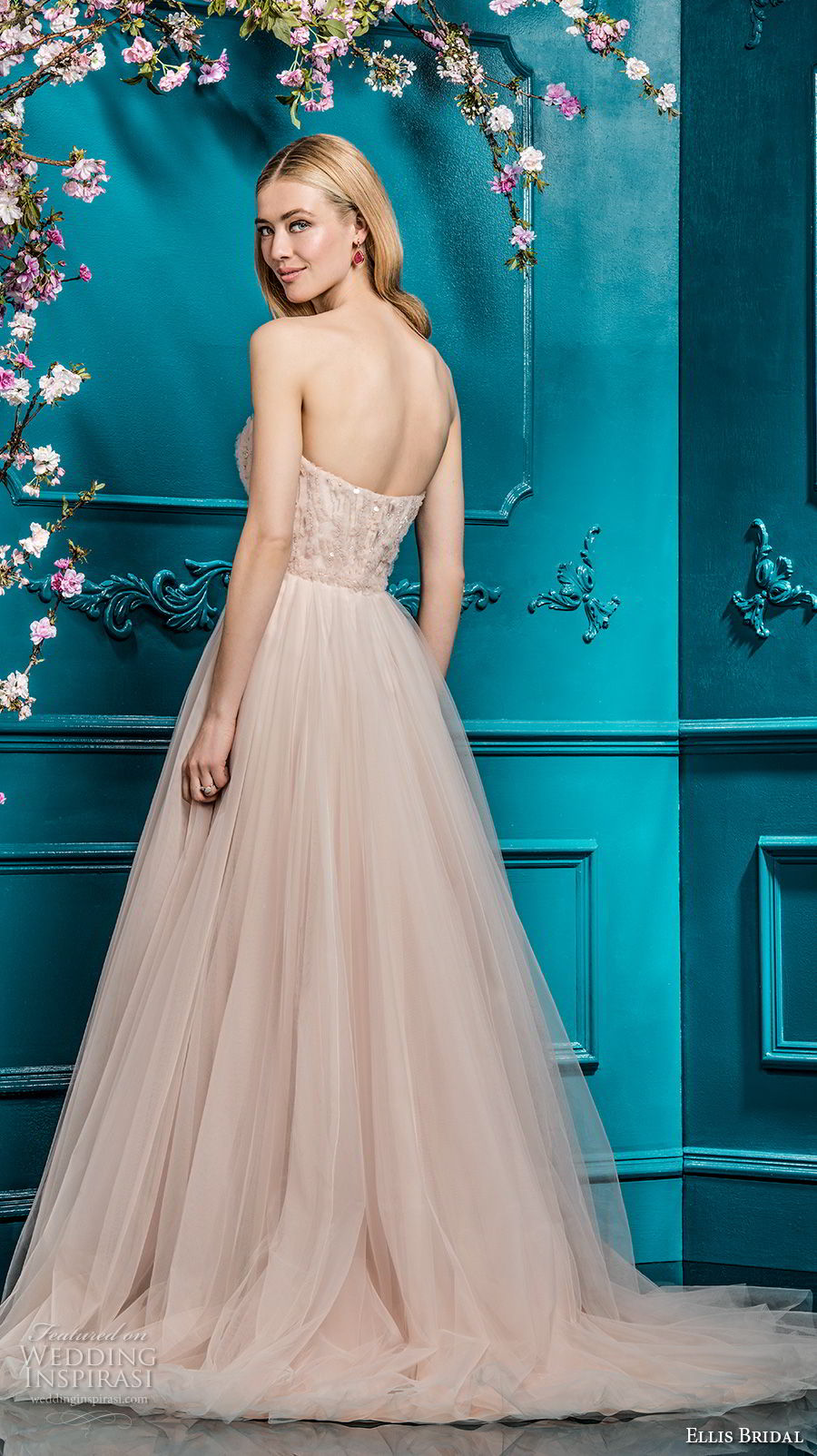 ellis bridals 2018 strapless sweetheart neckline heavily embellished bodice tulle skirt blush color a  line wedding dress chapel train (8) bv