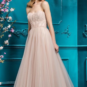ellis bridal 2018 strapless sweetheart neckline heavily embellished bodice tulle skirt blush color a  line wedding dress chapel train (8) mv