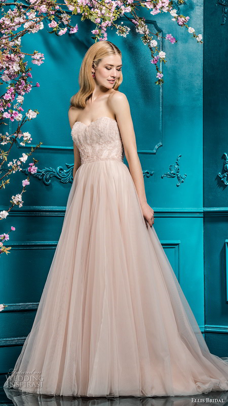 ellis bridals 2018 strapless sweetheart neckline heavily embellished bodice tulle skirt blush color a  line wedding dress chapel train (8) mv