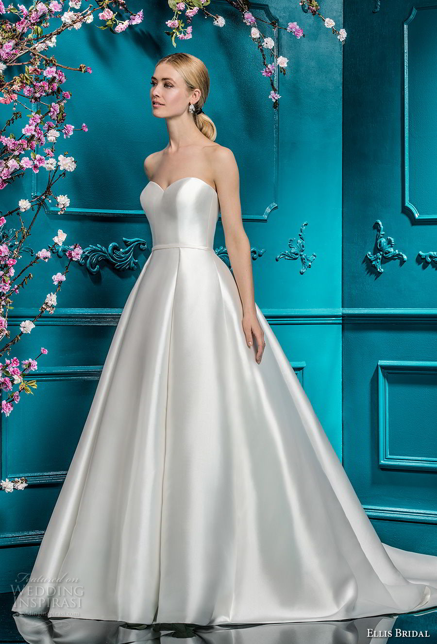 ellis bridals 2018 strapless sweetheart neckline simple clean satin skirt romantic princess ball gown a  line wedding dress chapel train (19) mv