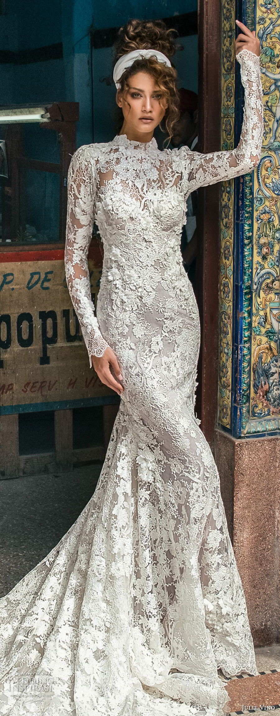 julie vino fall 2018 havana long sleeves high neck full embellishment elegant modest fit and flare wedding dress covered lace back long train (11) lv