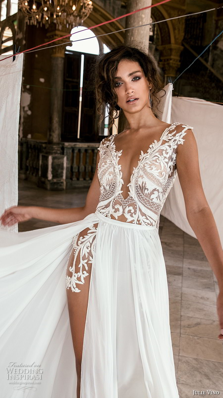 julie vino fall 2018 havana sleeveless deep v neck heavily embellished bodice high slit skirt romantic sexy soft a  line wedding dress sweep train (17) zv