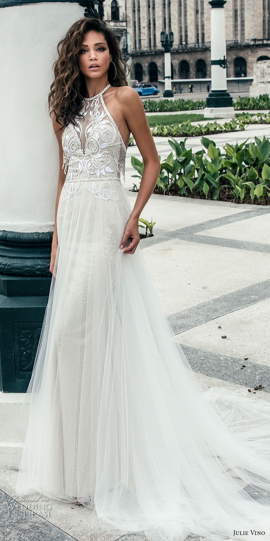 julie vino fall 2018 havana sleeveless jewel halter neck heavily embellised bodice elegant romantic soft a  line wedding dress open back chapel train (3) mv