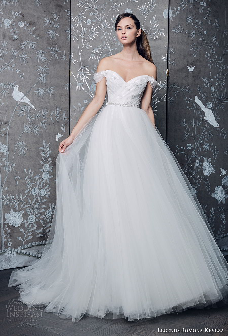 legends romona keveza fall 2018 off the shoulder sweetheart neckline wrap over bodice tulle skirt romantic a  line wedding dress chapel train (2) mv