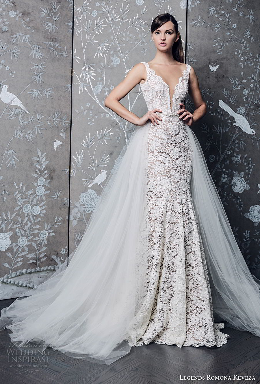 legends romona keveza fall 2018 sleeveless deep v neck full embellishment elegant romantic a  line wedding dress a  line overskirt chapel train (1) mv