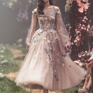 paolo sebastian spring 2018 couture long bishop sleeves illusion jewel sweetheart neck full embellishment romantic blush color tea length short wedding dress (18) mv