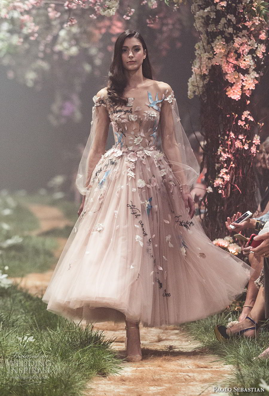 paolo sebastian spring 2018 couture long bishop sleeves illusion jewel sweetheart neck full embellishment romantic blush color tea length short wedding dress (18) mv