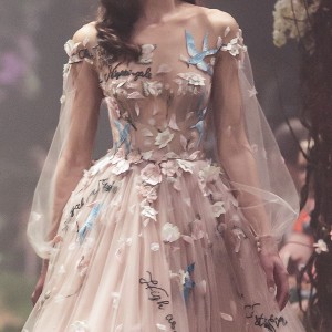 paolo sebastian spring 2018 couture long bishop sleeves illusion jewel sweetheart neck full embellishment romantic blush color tea length short wedding dress (18) zv